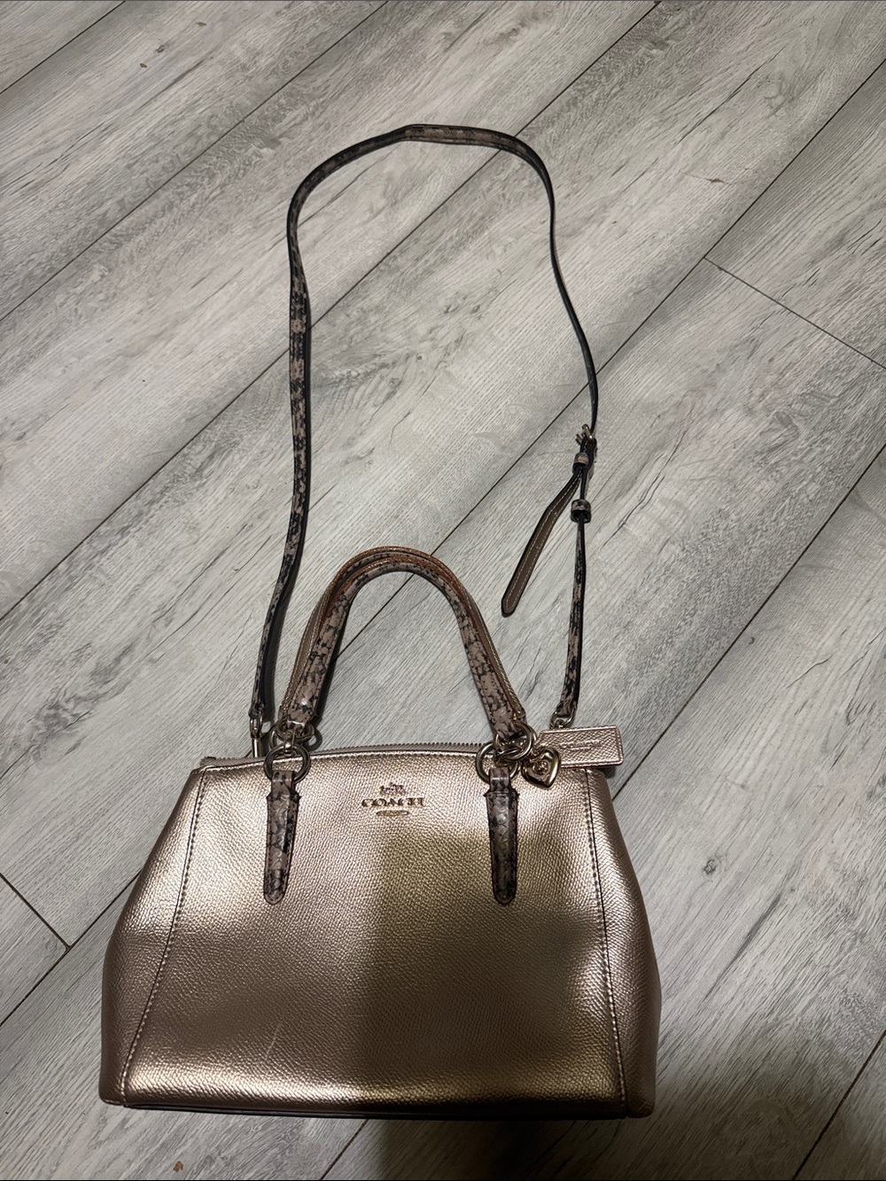 Coach Metallic Rose Gold Satchel with Snake-Print Strap and Top Handles